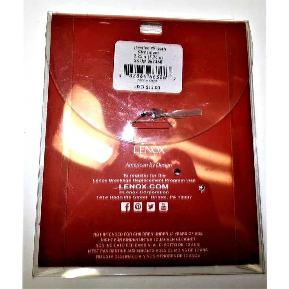 Lenox Jeweled ornament charm silver with red ribbon and colored stones